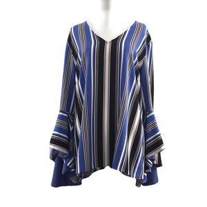 Coco Bianco Blue Striped Blouse Womens XL V Neck Long Flare Sleeve Groovy Top